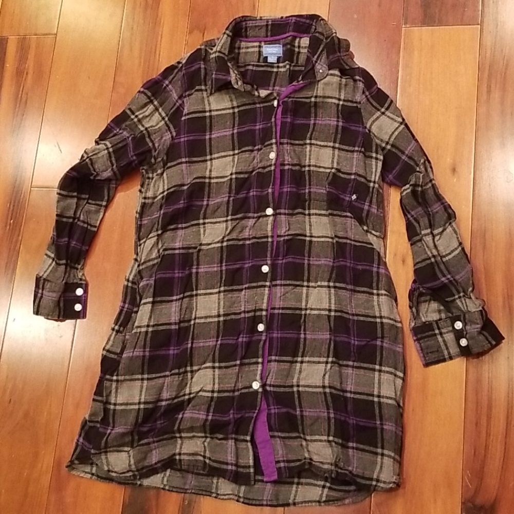 Purple and black flannel women's pajama shirt